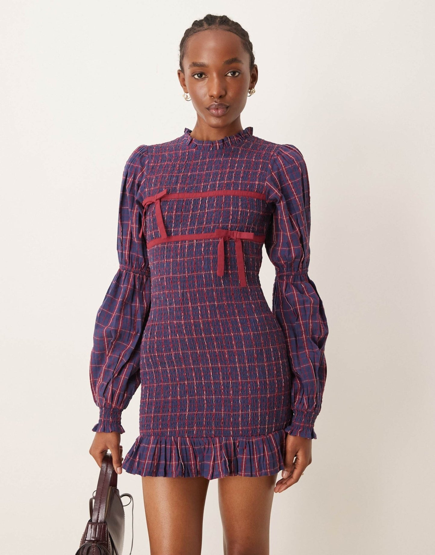 Neon Rose check print ribbon detail shirred mini dress in navy - ASOS Sample Sale