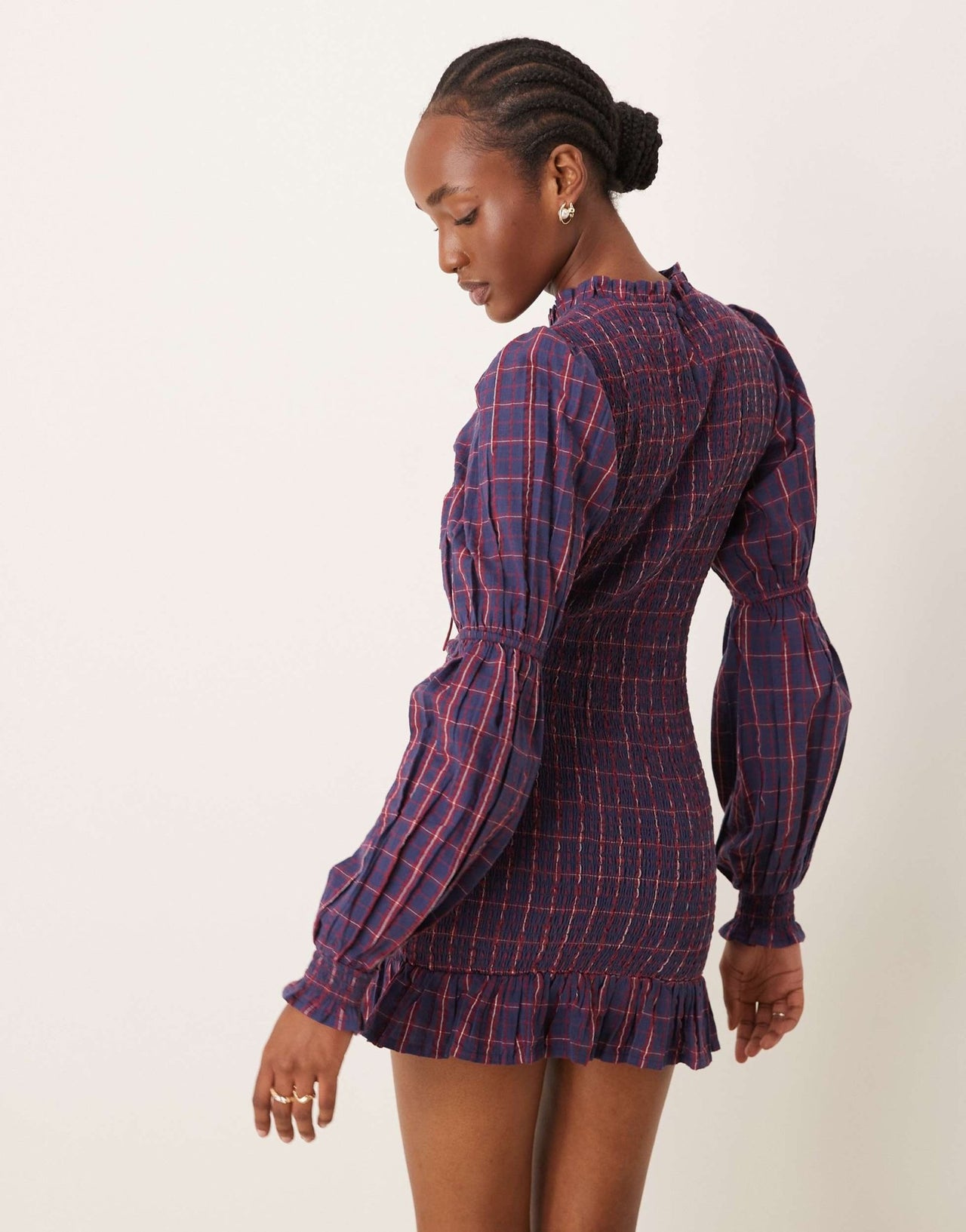 Neon Rose check print ribbon detail shirred mini dress in navy - ASOS Sample Sale