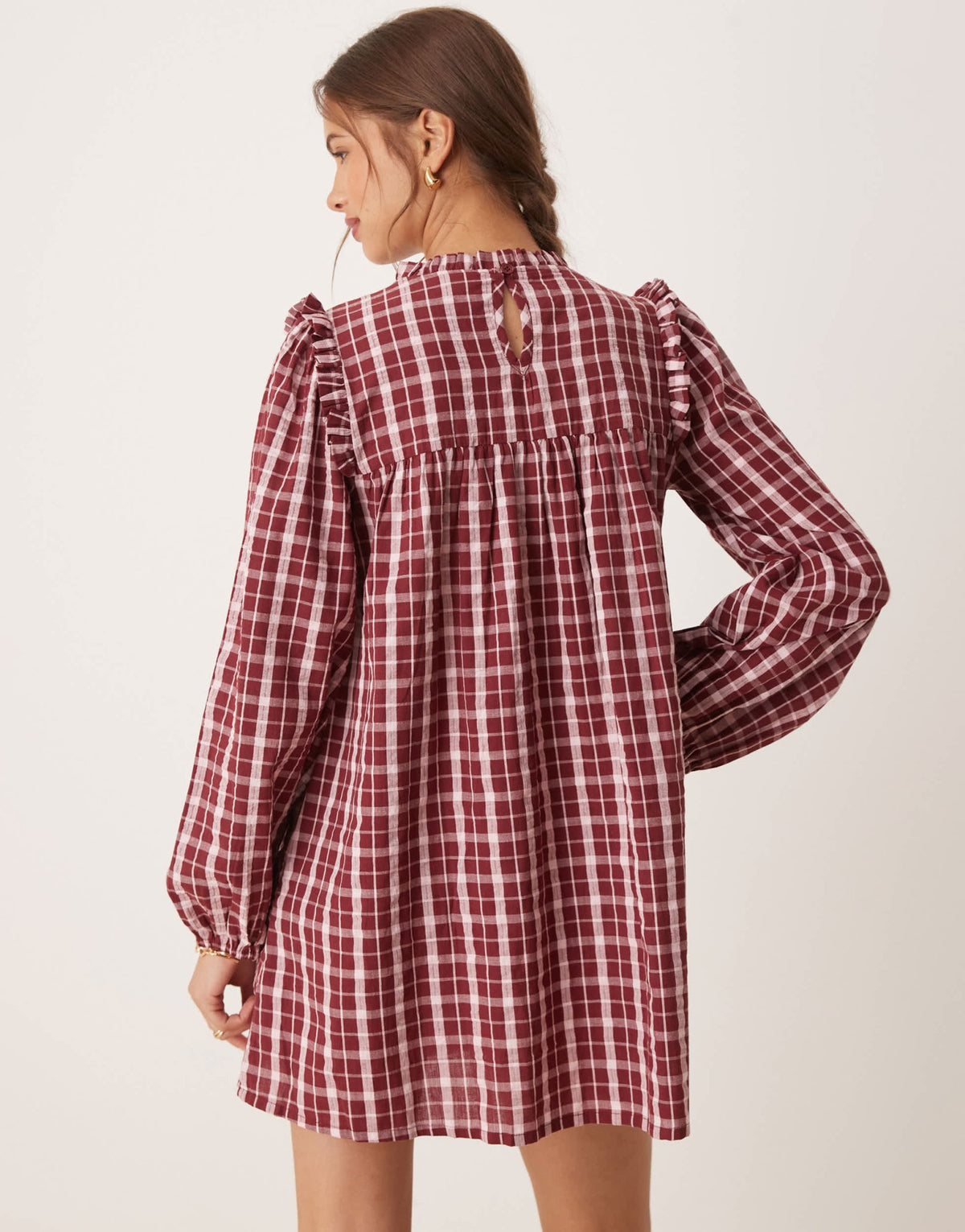 Neon Rose high neck textured check mini smock dress in burgundy & pink - ASOS Sample Sale