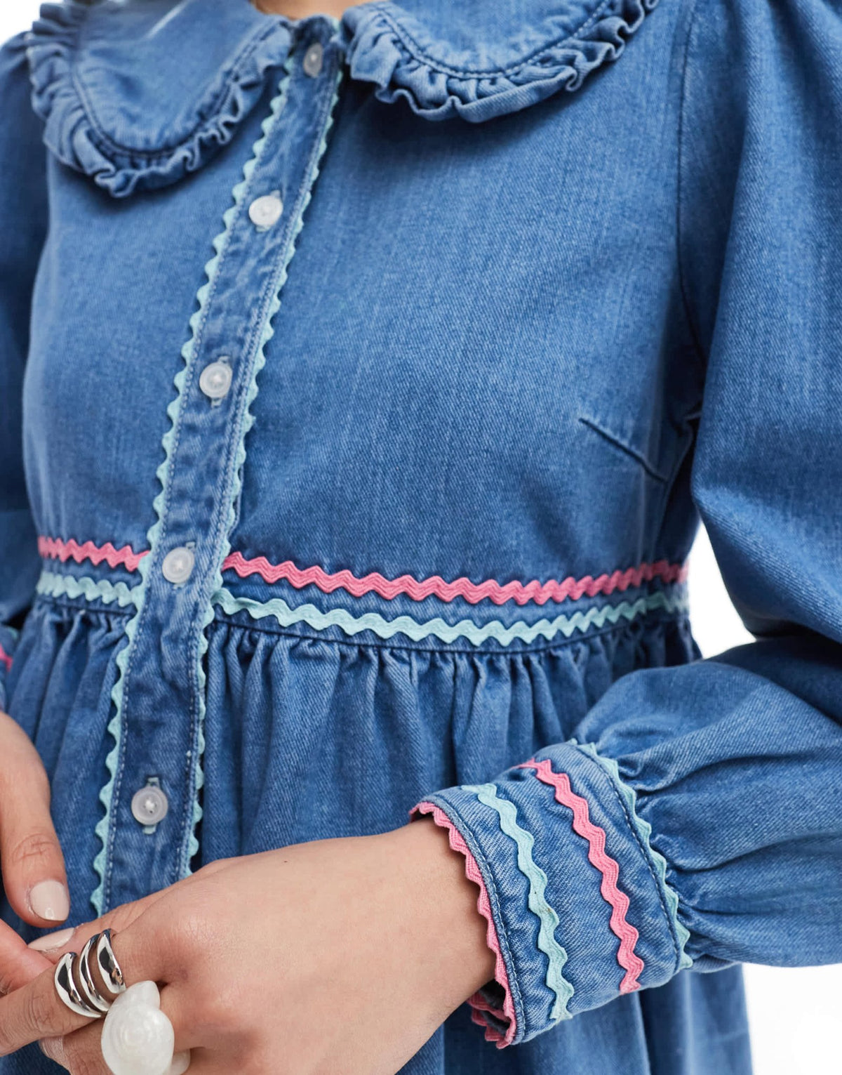 Neon Rose rik-rak detail denim mini smock dress in blue - ASOS Sample Sale