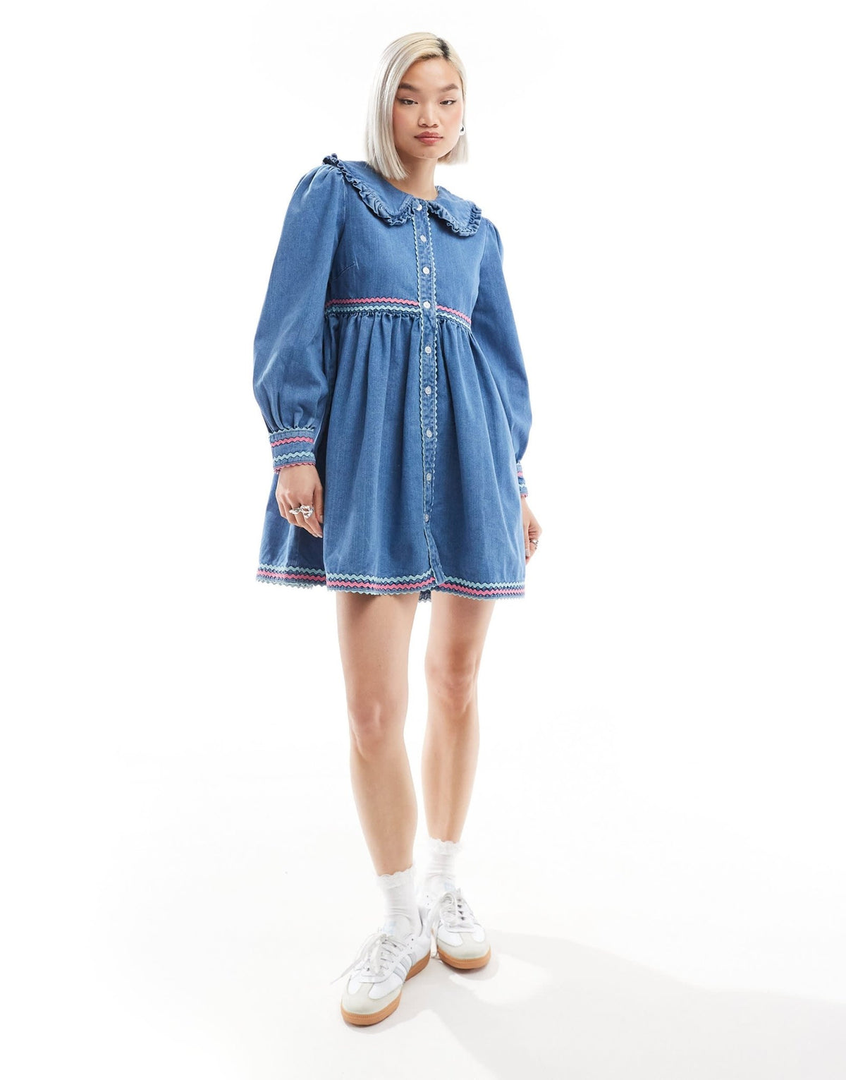 Neon Rose rik-rak detail denim mini smock dress in blue - ASOS Sample Sale