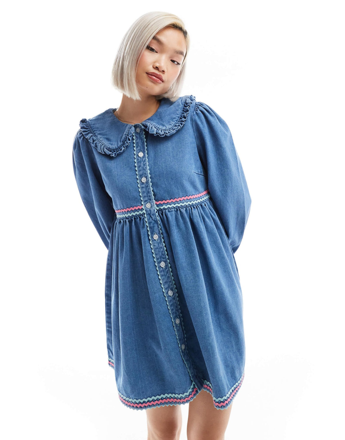 Neon Rose rik-rak detail denim mini smock dress in blue - ASOS Sample Sale
