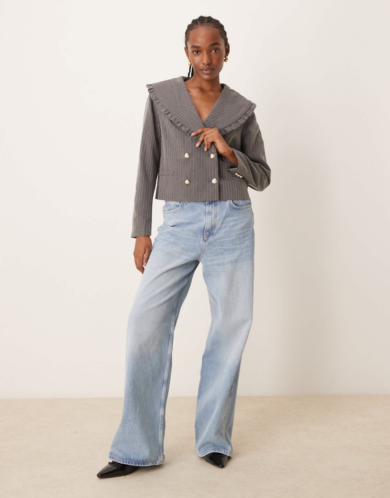 Neon Rose ruffle edge cropped sparkle pinstripe blazer in grey - ASOS Sample Sale