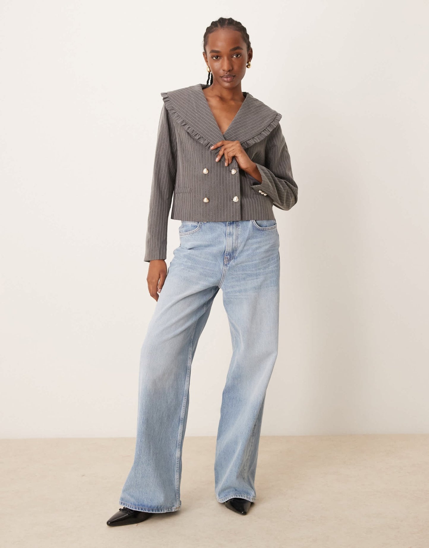 Neon Rose ruffle edge cropped sparkle pinstripe blazer in grey - ASOS Sample Sale