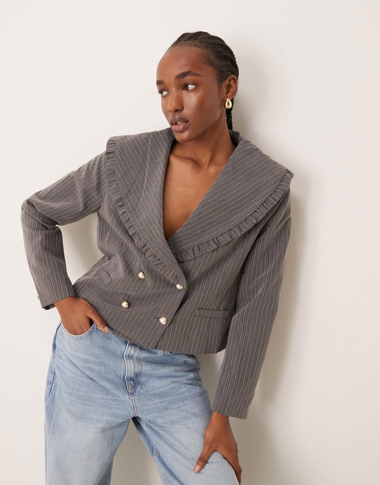 Neon Rose ruffle edge cropped sparkle pinstripe blazer in grey - ASOS Sample Sale