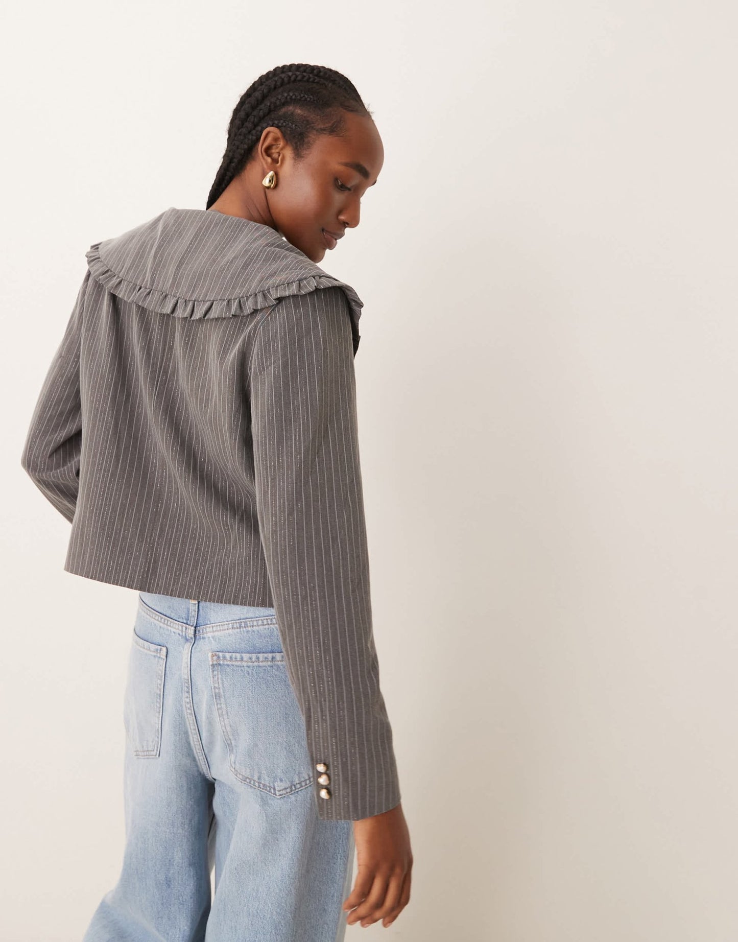 Neon Rose ruffle edge cropped sparkle pinstripe blazer in grey - ASOS Sample Sale