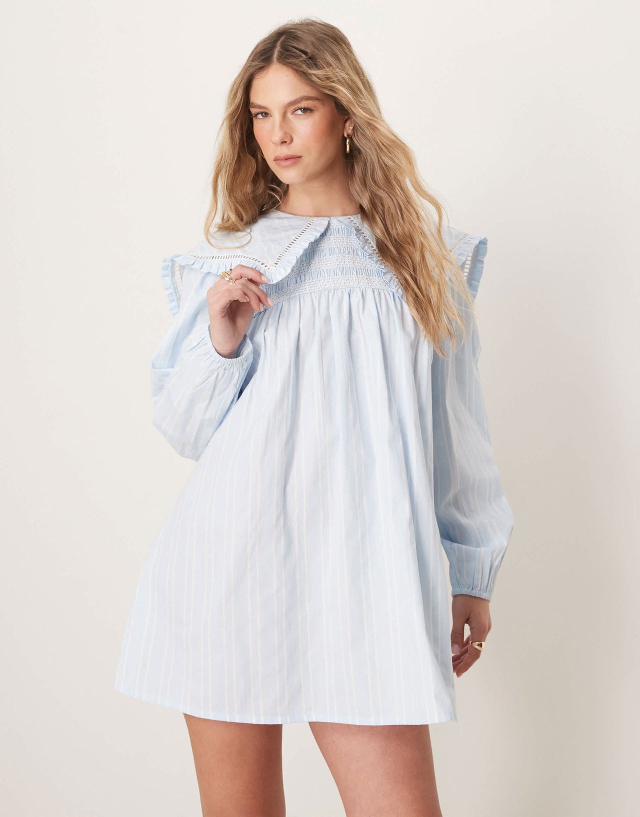 Neon Rose smocking detail babydoll dress in light blue - ASOS Sample Sale