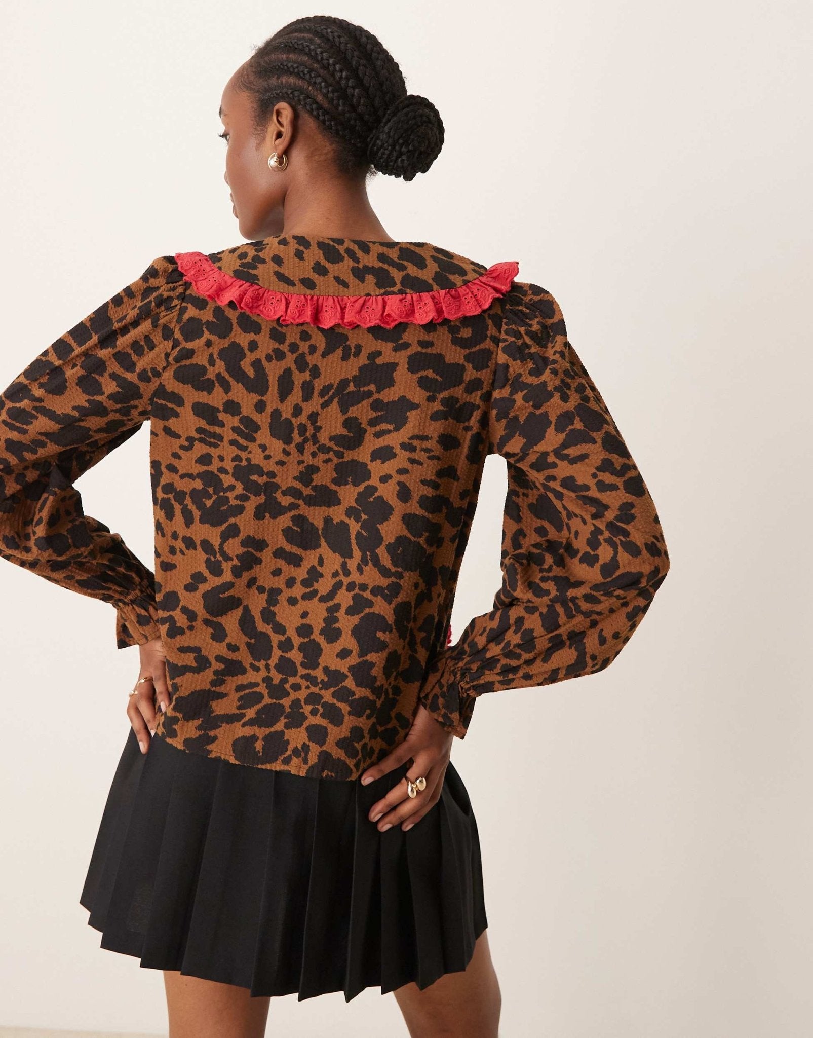 Neon Rose tie front blouse with ruffle collar in leopard print - ASOS Sample Sale