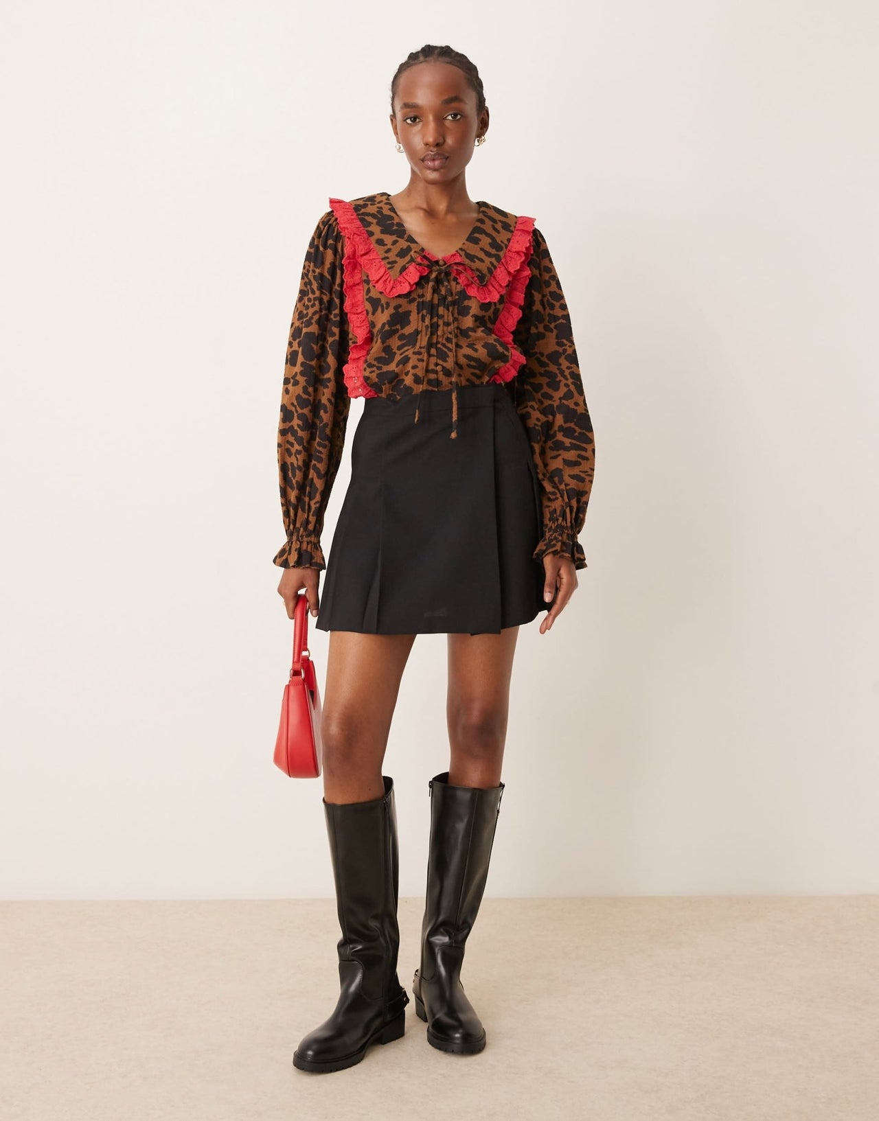 Neon Rose tie front blouse with ruffle collar in leopard print - ASOS Sample Sale