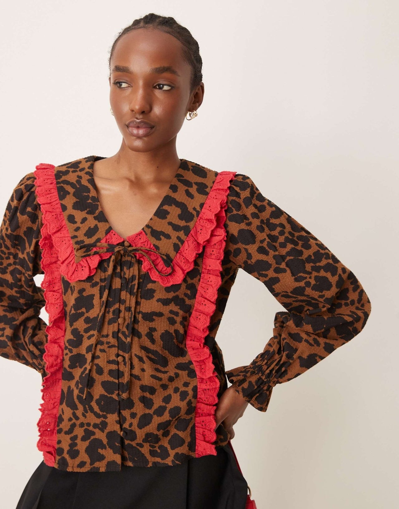 Neon Rose tie front blouse with ruffle collar in leopard print - ASOS Sample Sale