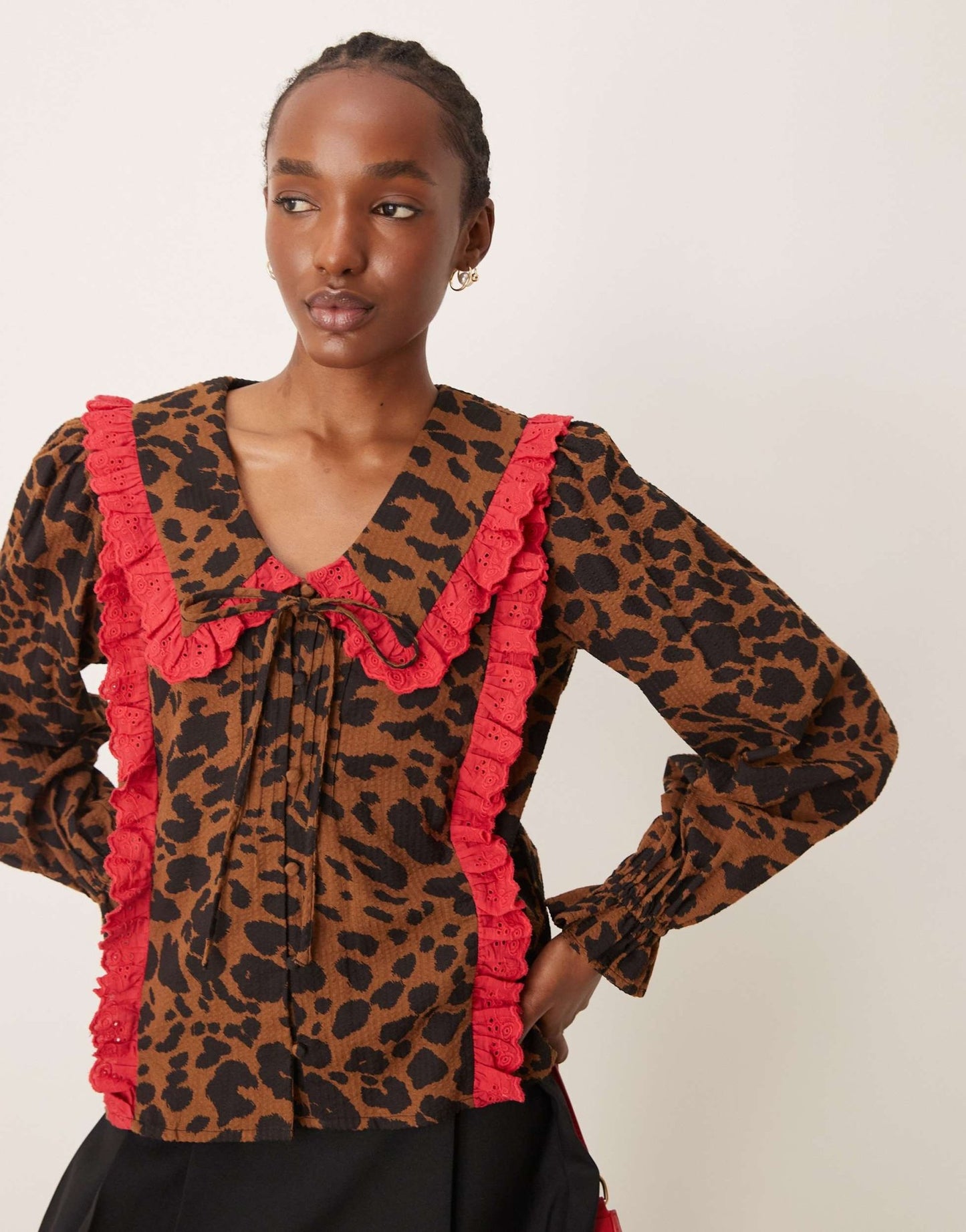 Neon Rose tie front blouse with ruffle collar in leopard print - ASOS Sample Sale