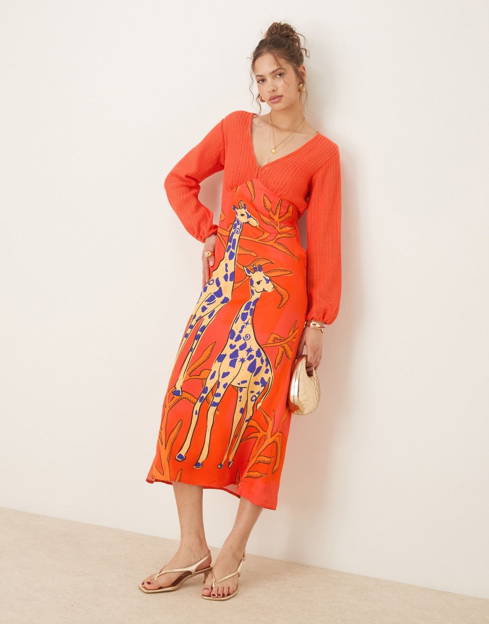 Never Fully Dressed contrast balloon sleeve midaxi dress in orange giraffe print - ASOS Sample Sale