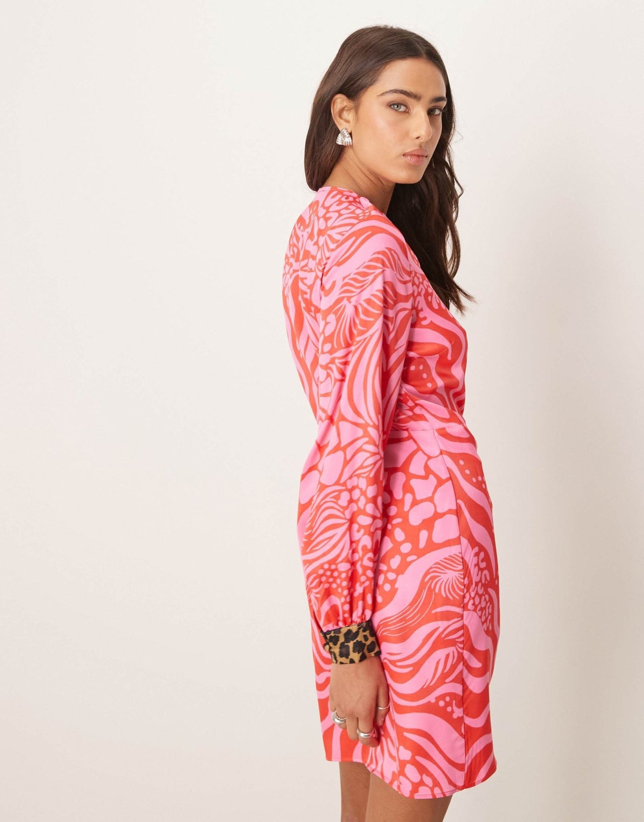Never Fully Dressed contrast cuff animal print mini dress in red and pink - ASOS Sample Sale