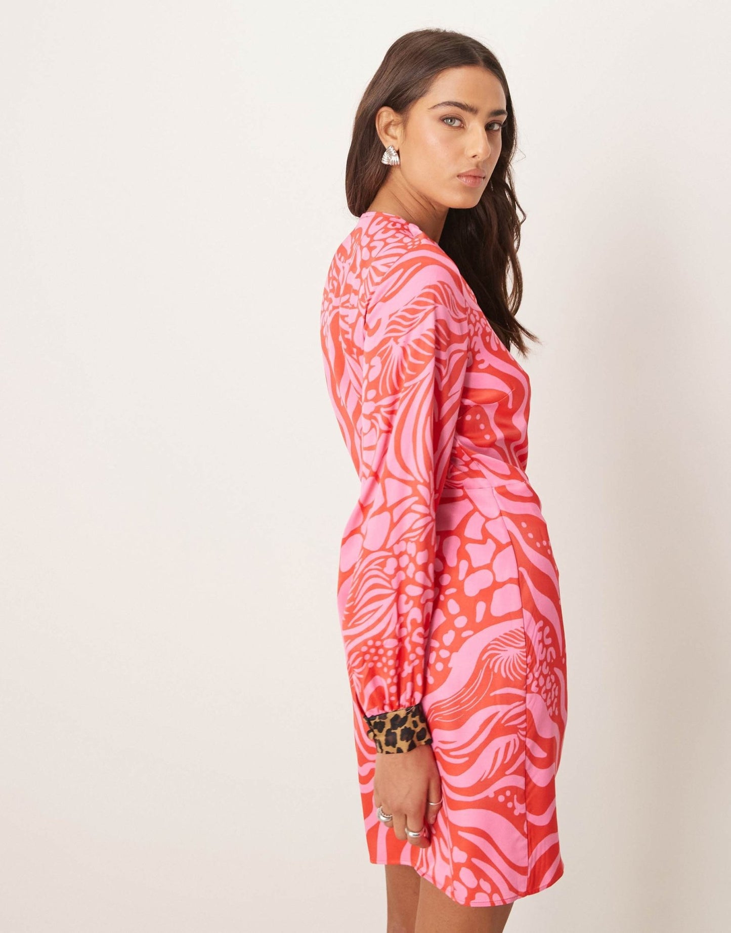 Never Fully Dressed contrast cuff animal print mini dress in red and pink - ASOS Sample Sale