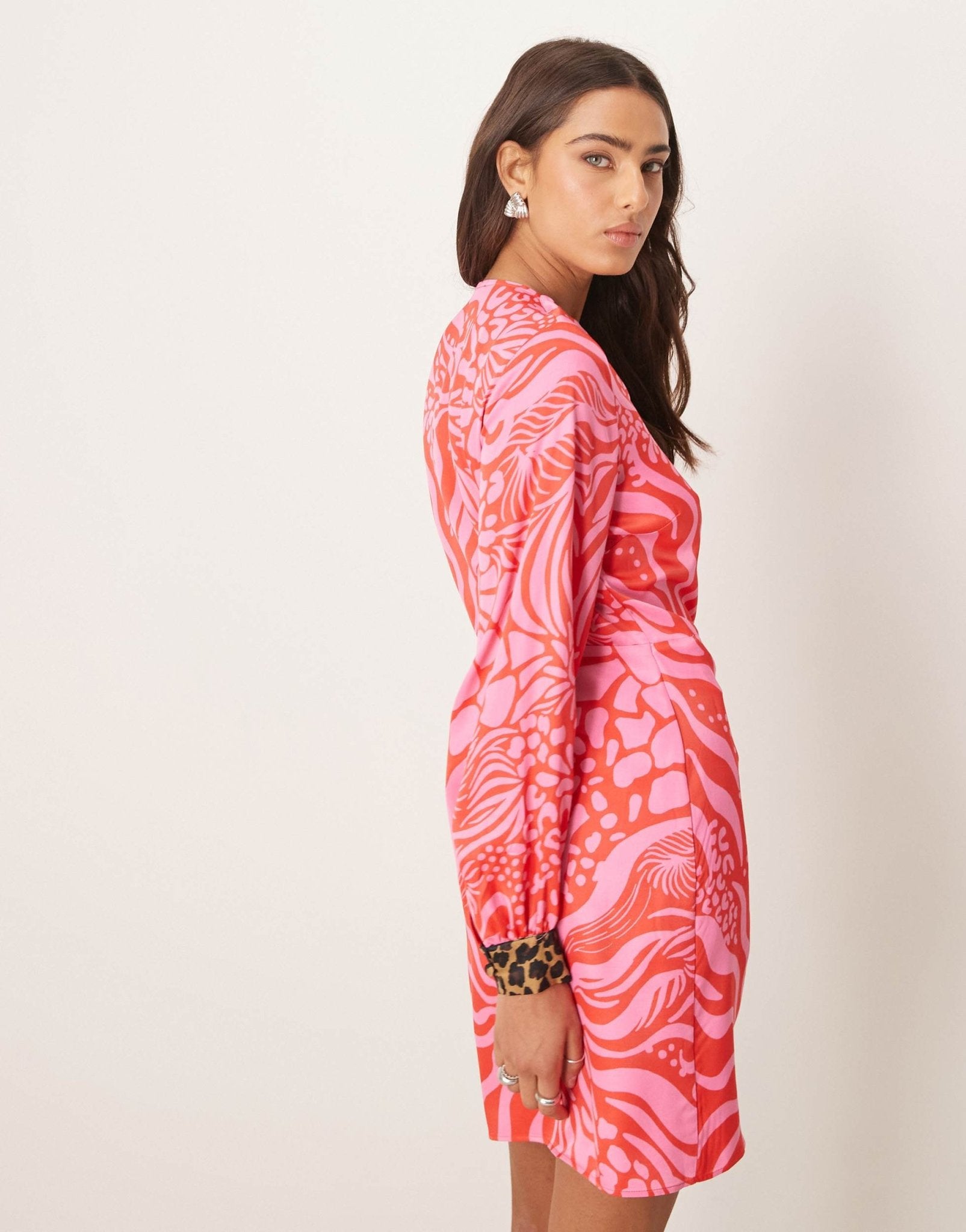 Never Fully Dressed contrast cuff animal print mini dress in red and pink - ASOS Sample Sale