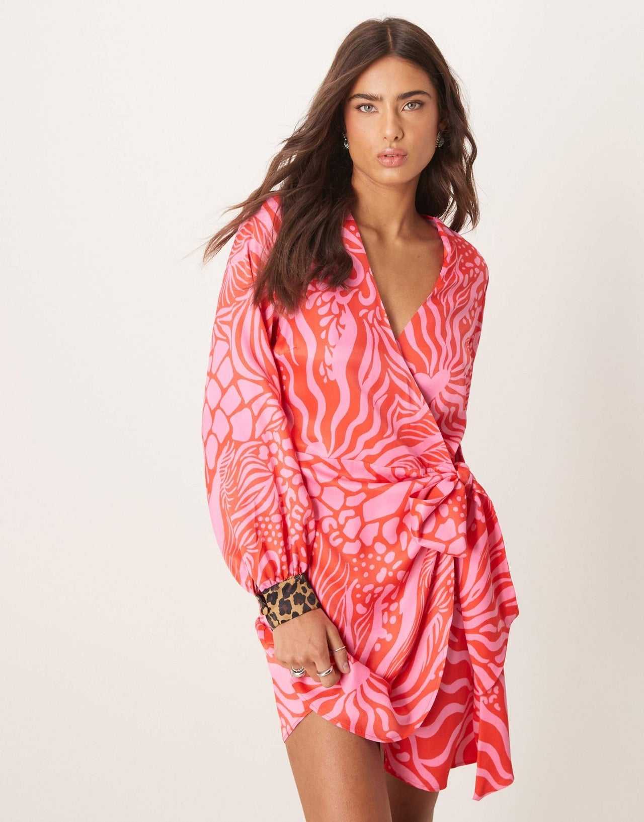 Never Fully Dressed contrast cuff animal print mini dress in red and pink - ASOS Sample Sale