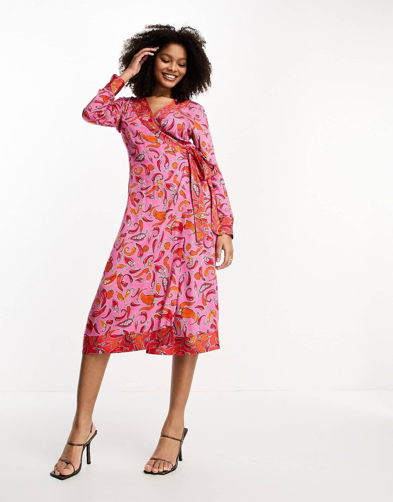 Never Fully Dressed contrast wrap midi dress in pink and red chilli print - ASOS Sample Sale