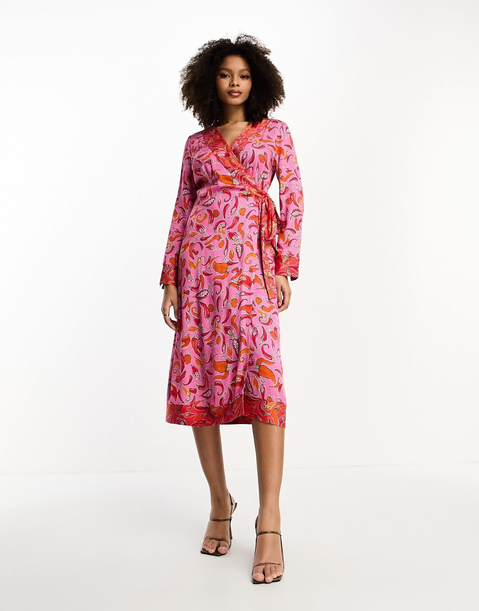 Never Fully Dressed contrast wrap midi dress in pink and red chilli print - ASOS Sample Sale