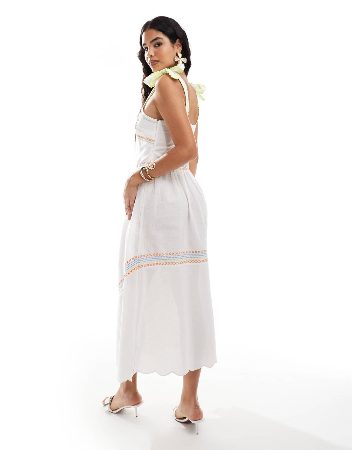 Never Fully Dressed Corfu bow shoulder embroidered midaxi dress in white - ASOS Sample Sale