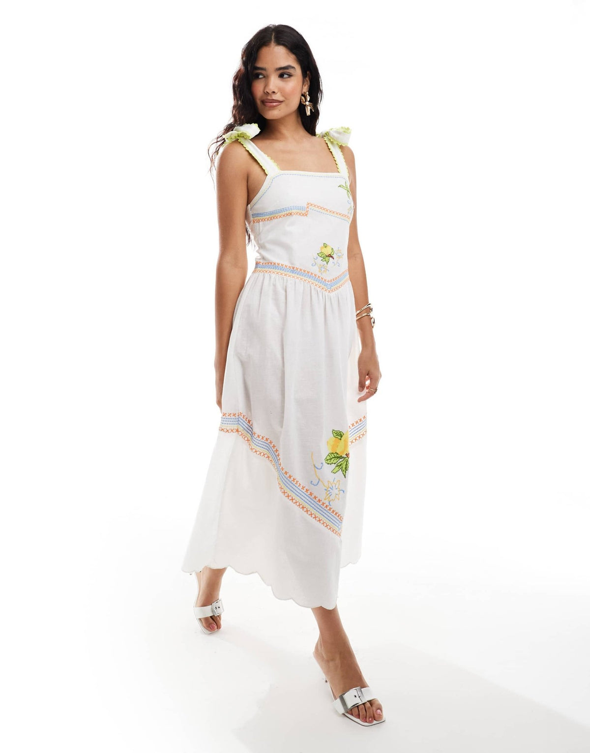 Never Fully Dressed Corfu bow shoulder embroidered midaxi dress in white - ASOS Sample Sale
