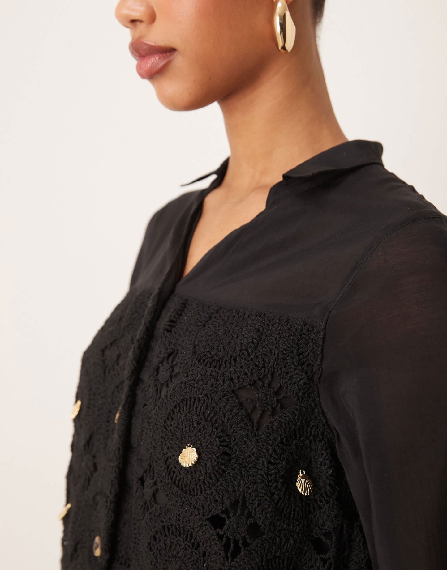 Never Fully Dressed crochet longline shirt dress in black - ASOS Sample Sale