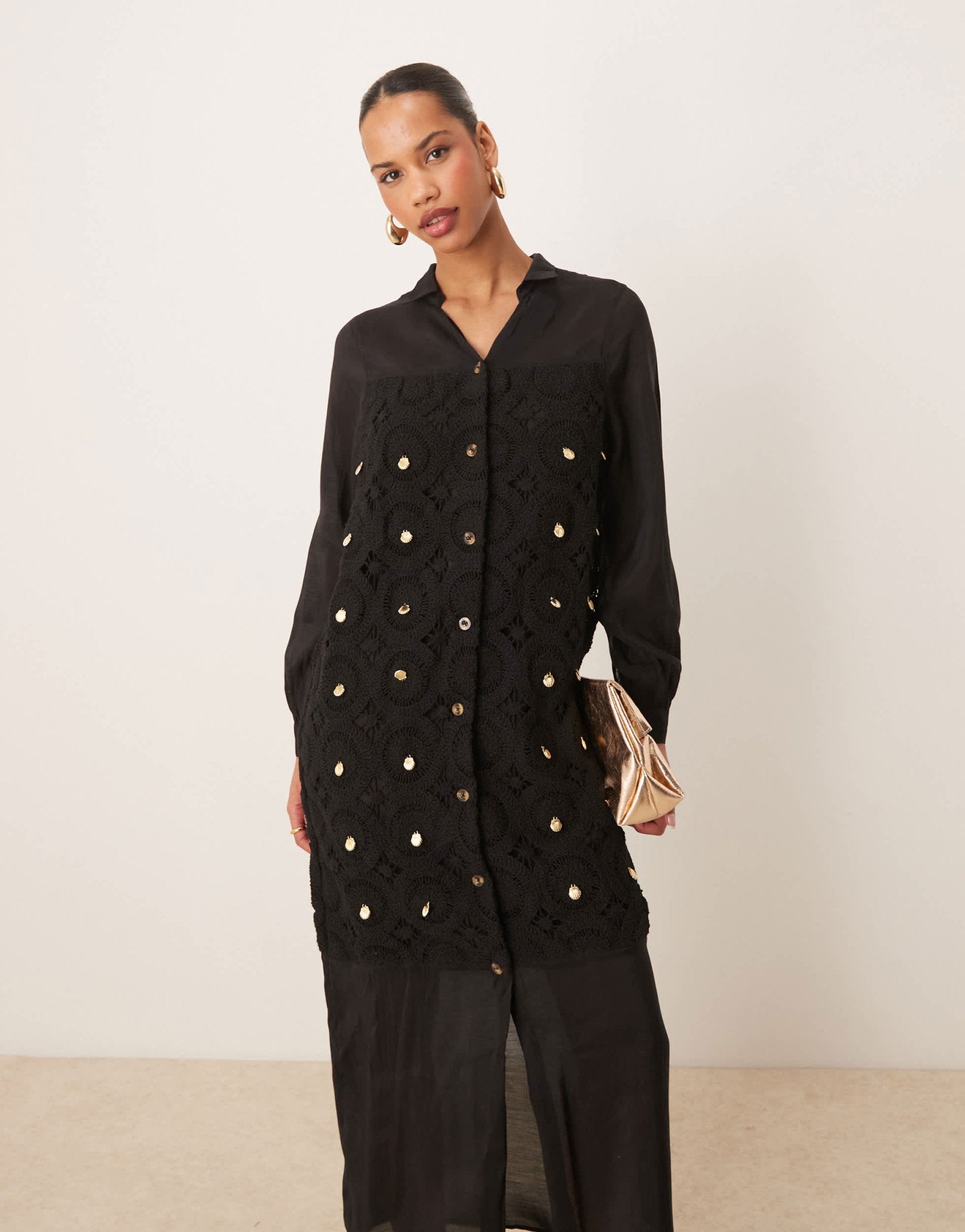 Never Fully Dressed crochet longline shirt dress in black - ASOS Sample Sale