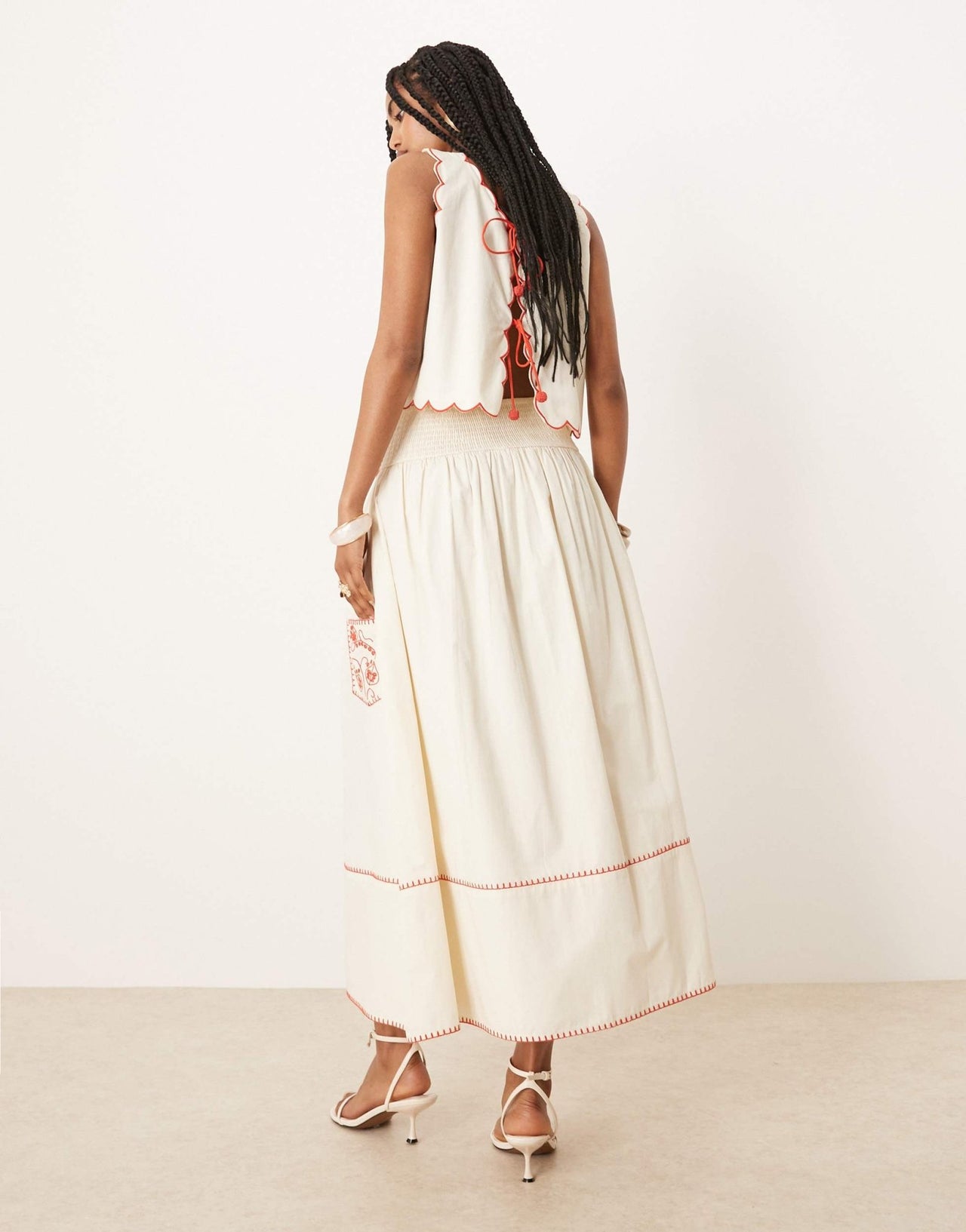 Never Fully Dressed embroidered cotton midaxi skirt co-ord in cream and red - ASOS Sample Sale