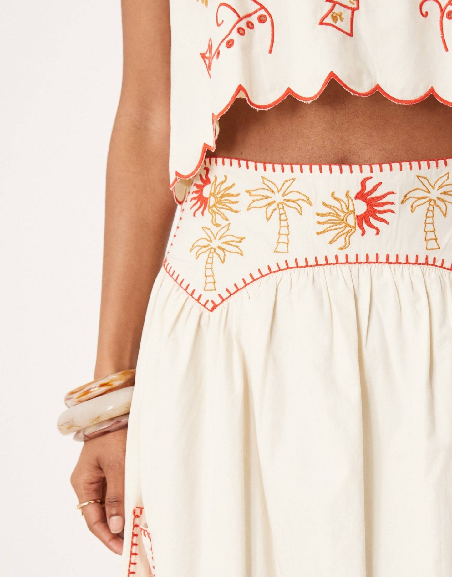 Never Fully Dressed embroidered cotton midaxi skirt co-ord in cream and red - ASOS Sample Sale
