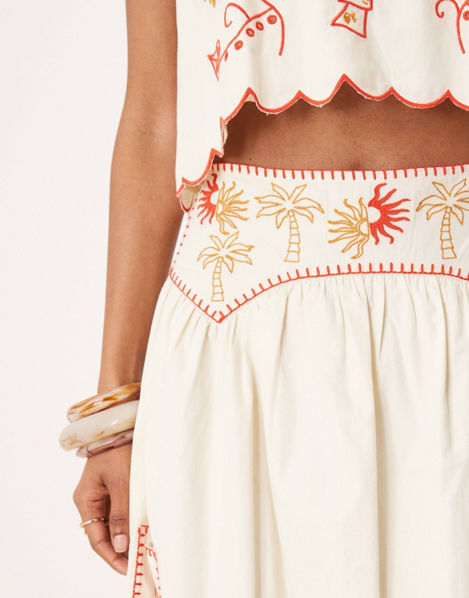 Never Fully Dressed embroidered cotton midaxi skirt co-ord in cream and red - ASOS Sample Sale