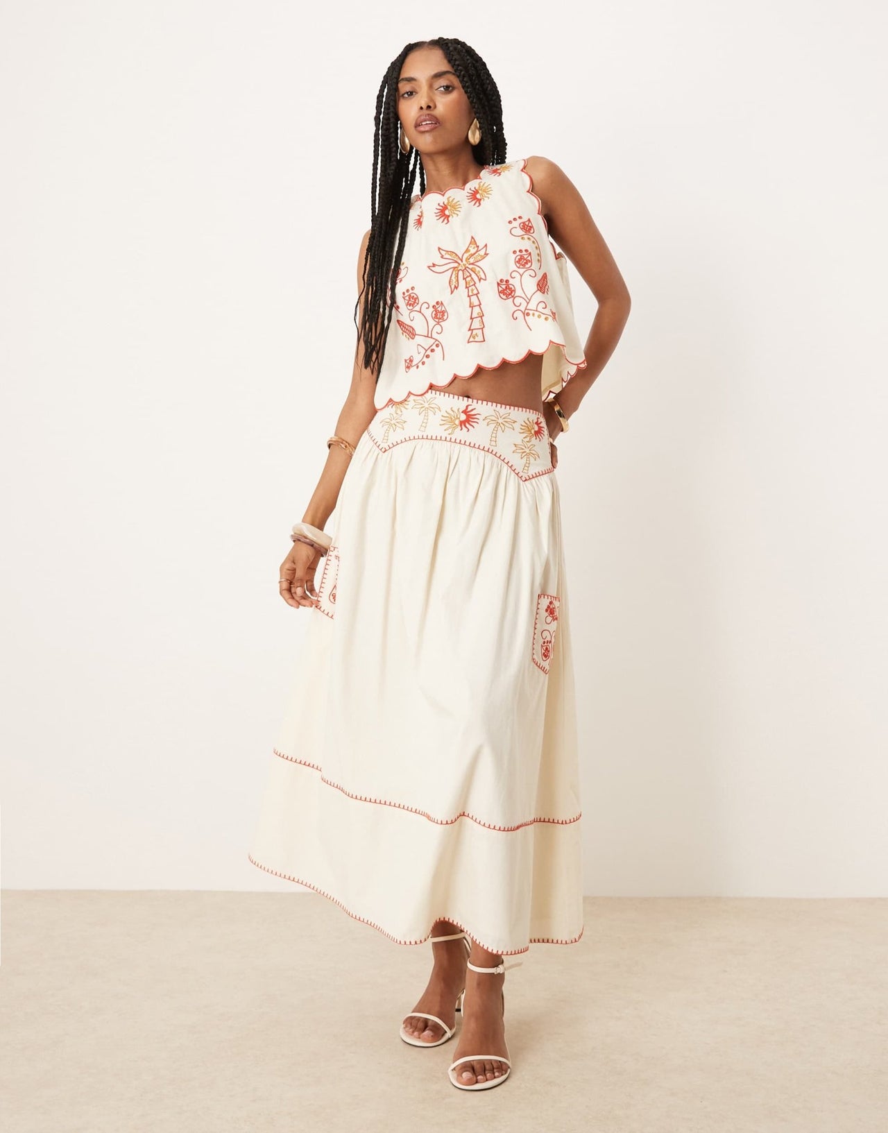 Never Fully Dressed embroidered cotton midaxi skirt co-ord in cream and red - ASOS Sample Sale