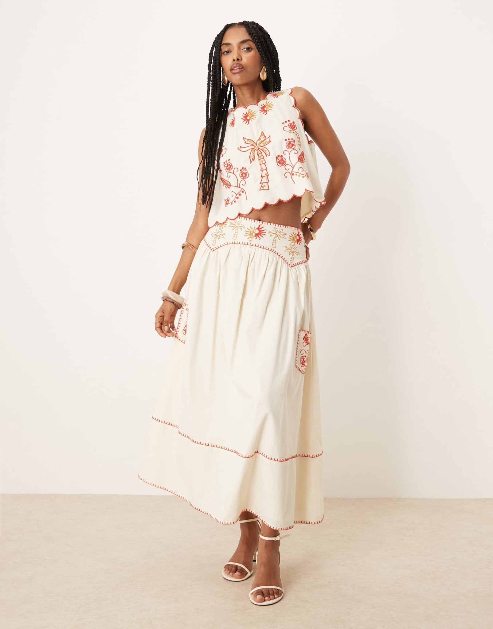Never Fully Dressed embroidered cotton midaxi skirt co-ord in cream and red - ASOS Sample Sale