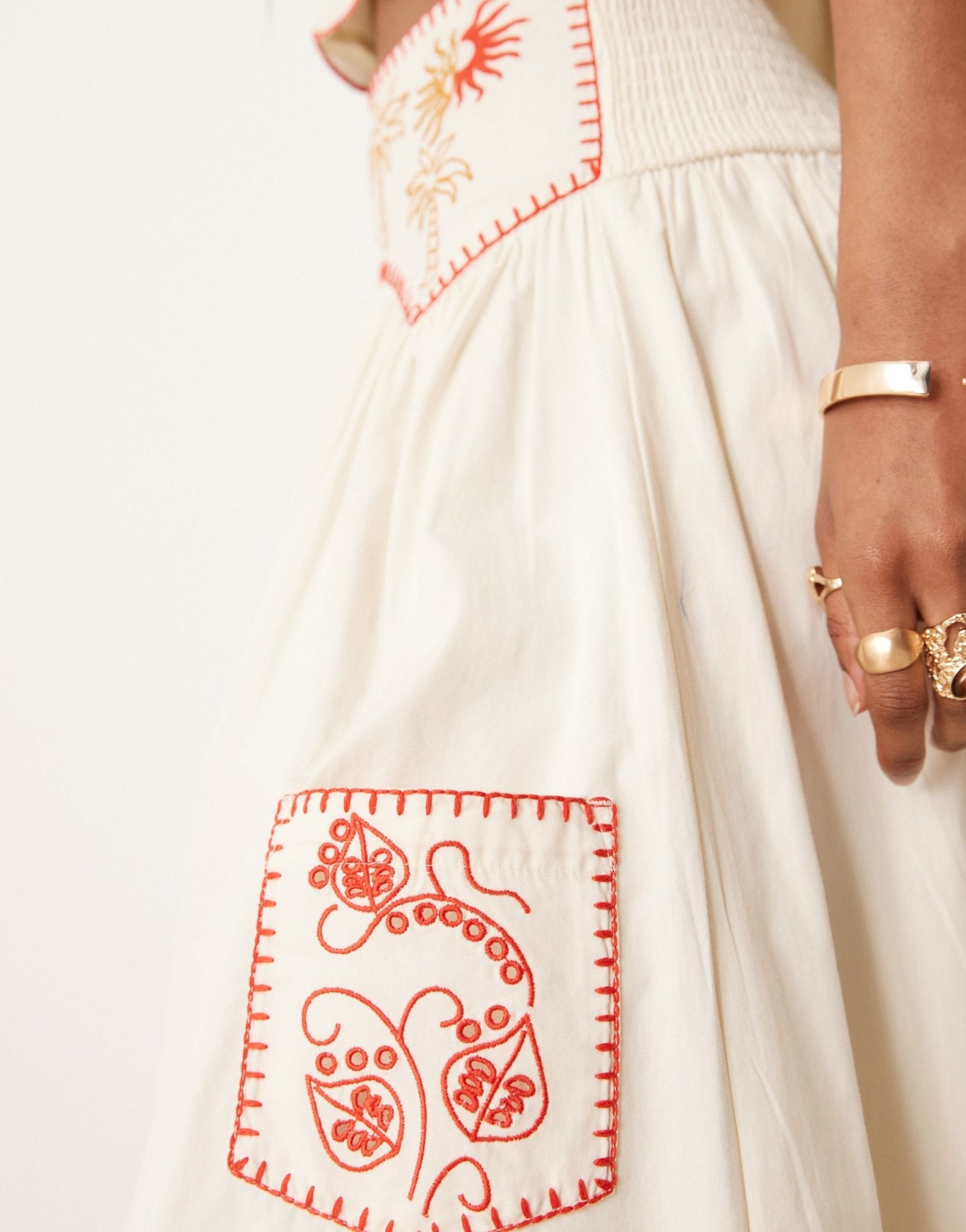 Never Fully Dressed embroidered cotton midaxi skirt co-ord in cream and red - ASOS Sample Sale