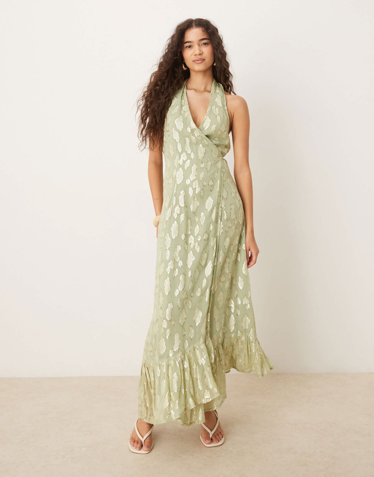 Never Fully Dressed halter neck metallic maxi dress in sage - ASOS Sample Sale