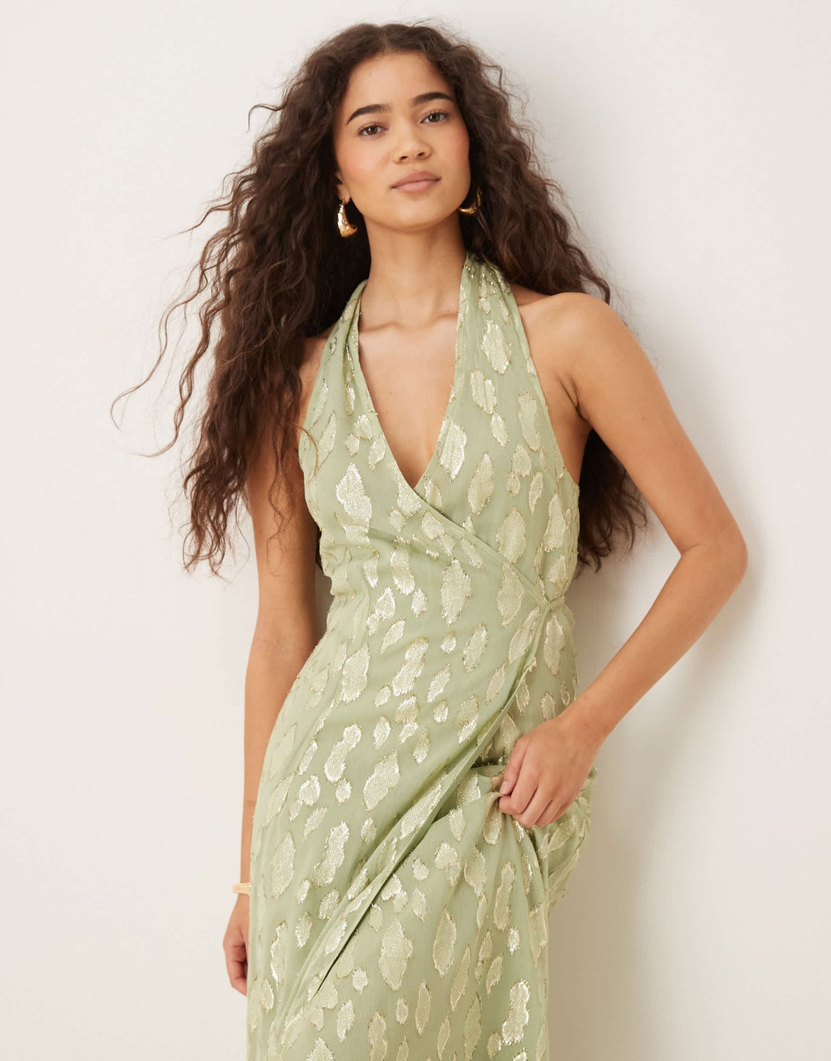 Never Fully Dressed halter neck metallic maxi dress in sage - ASOS Sample Sale