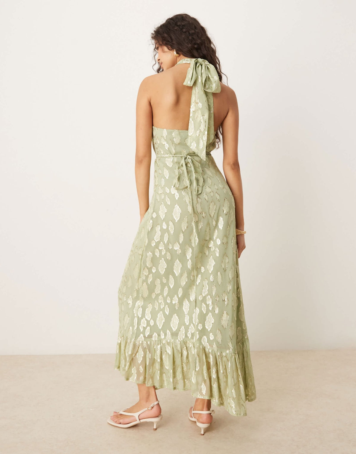 Never Fully Dressed halter neck metallic maxi dress in sage - ASOS Sample Sale