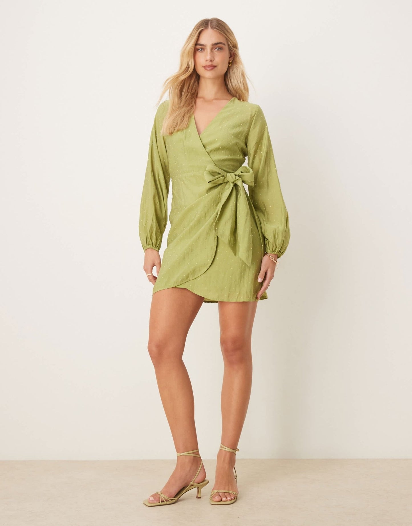 Never Fully Dressed hotfix wrap mini dress in olive - ASOS Sample Sale