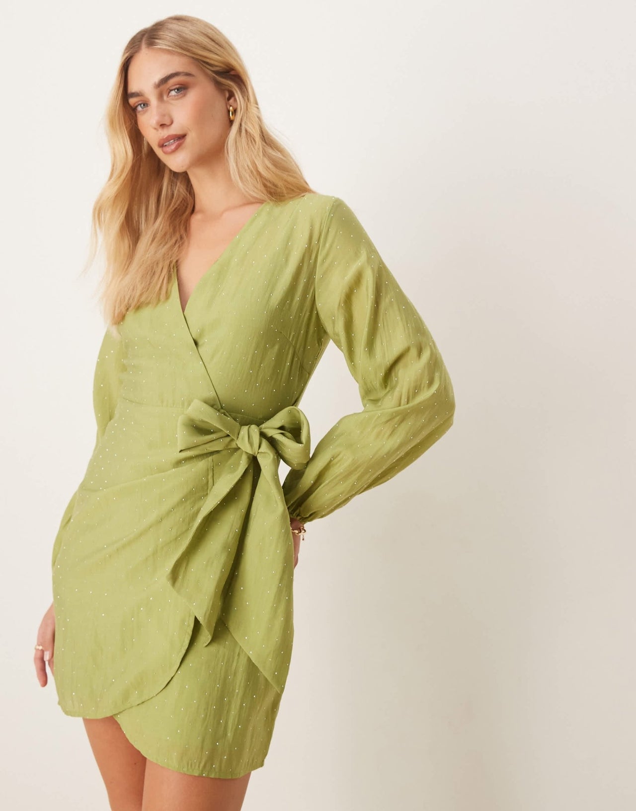 Never Fully Dressed hotfix wrap mini dress in olive - ASOS Sample Sale