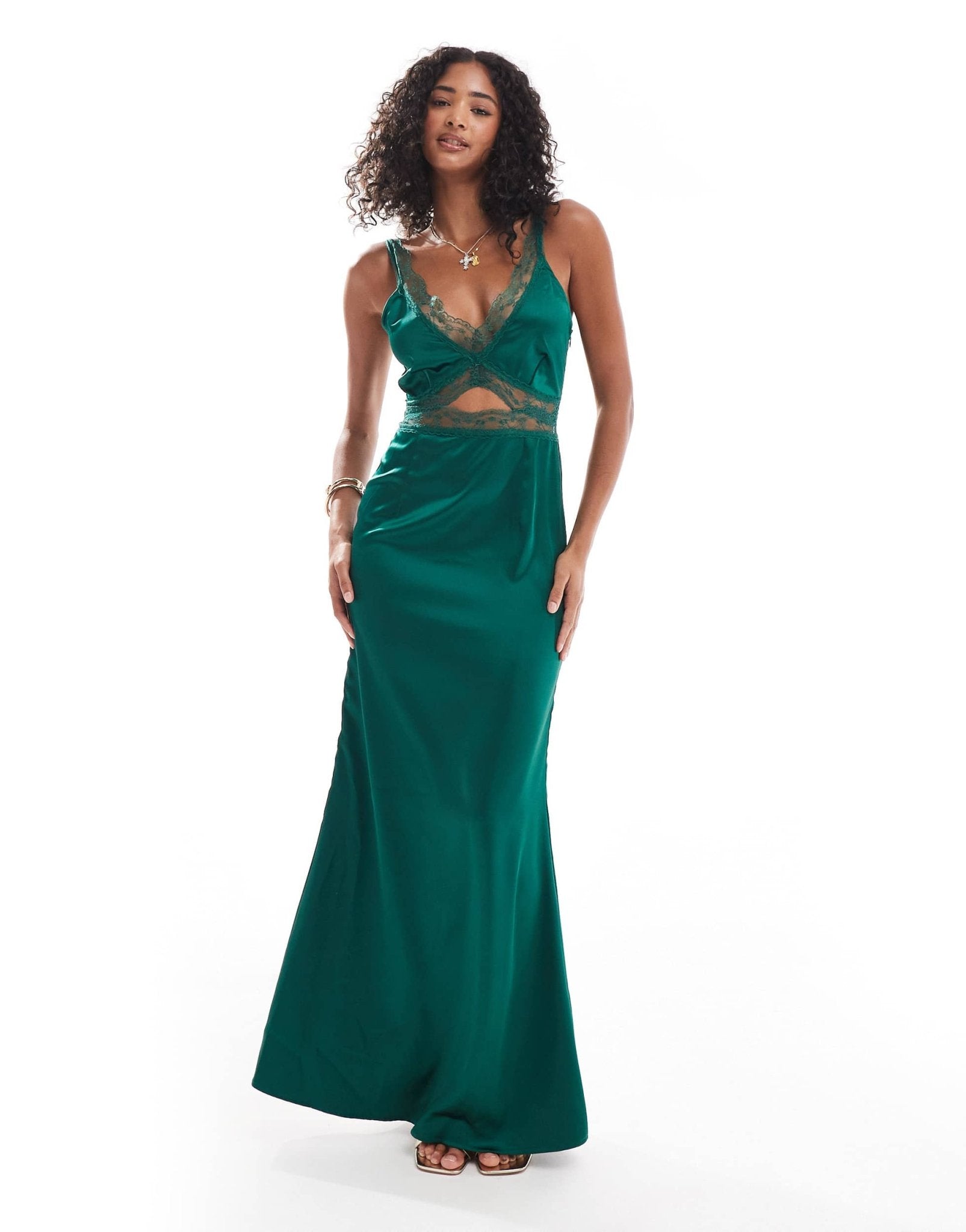 Never Fully Dressed lace cut - out slip maxi dress in emerald - ASOS Sample Sale