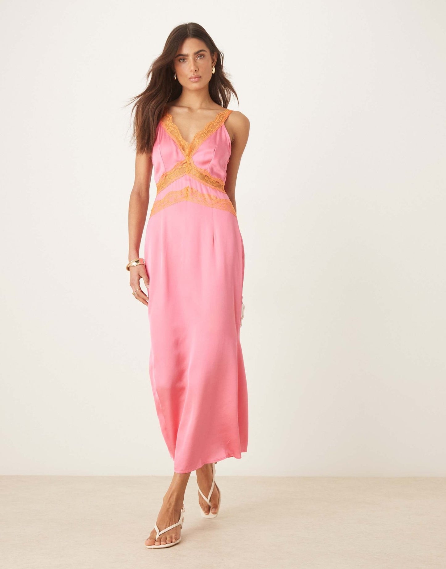 Never Fully Dressed lace insert midaxi dress in pink and orange - ASOS Sample Sale