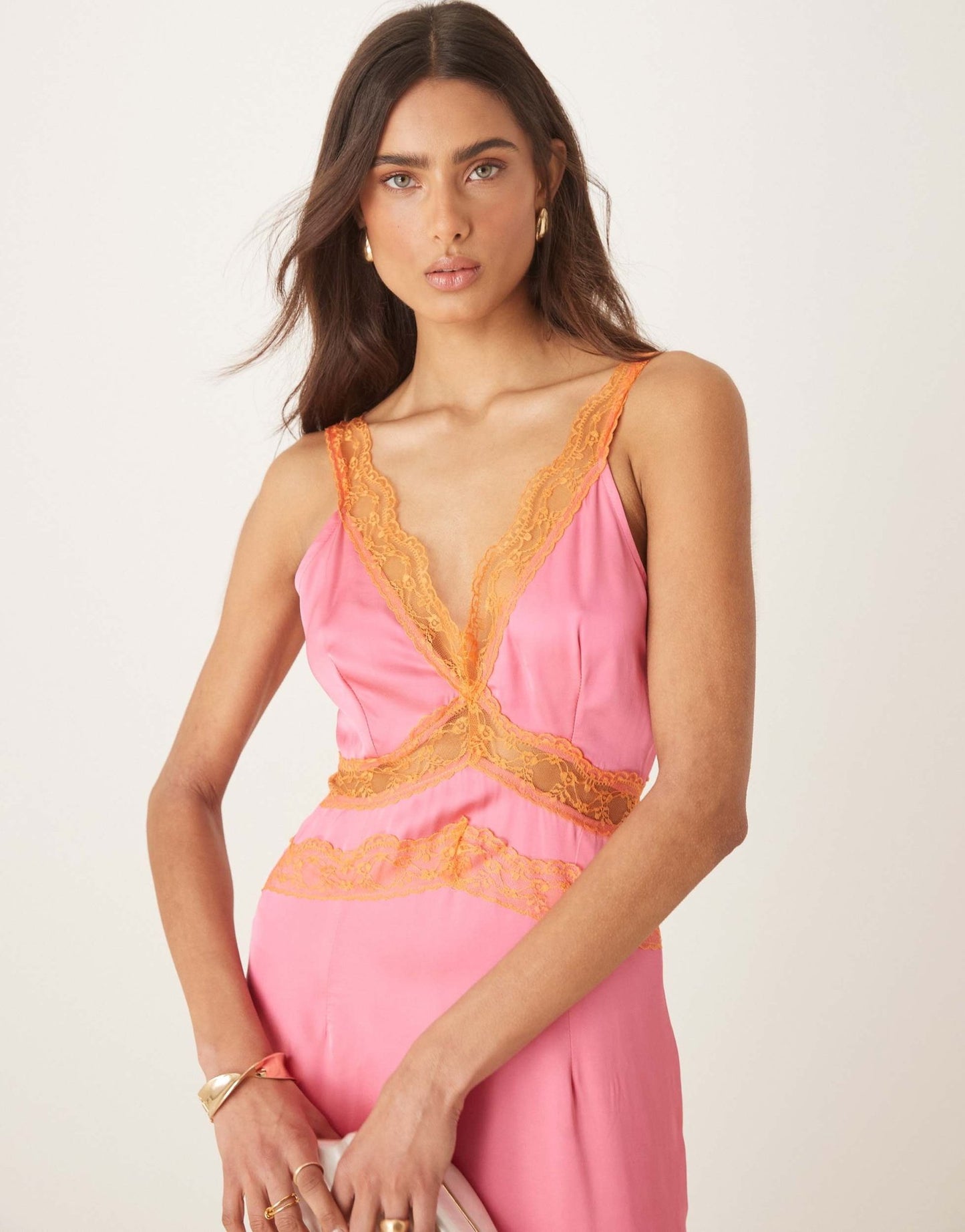Never Fully Dressed lace insert midaxi dress in pink and orange - ASOS Sample Sale