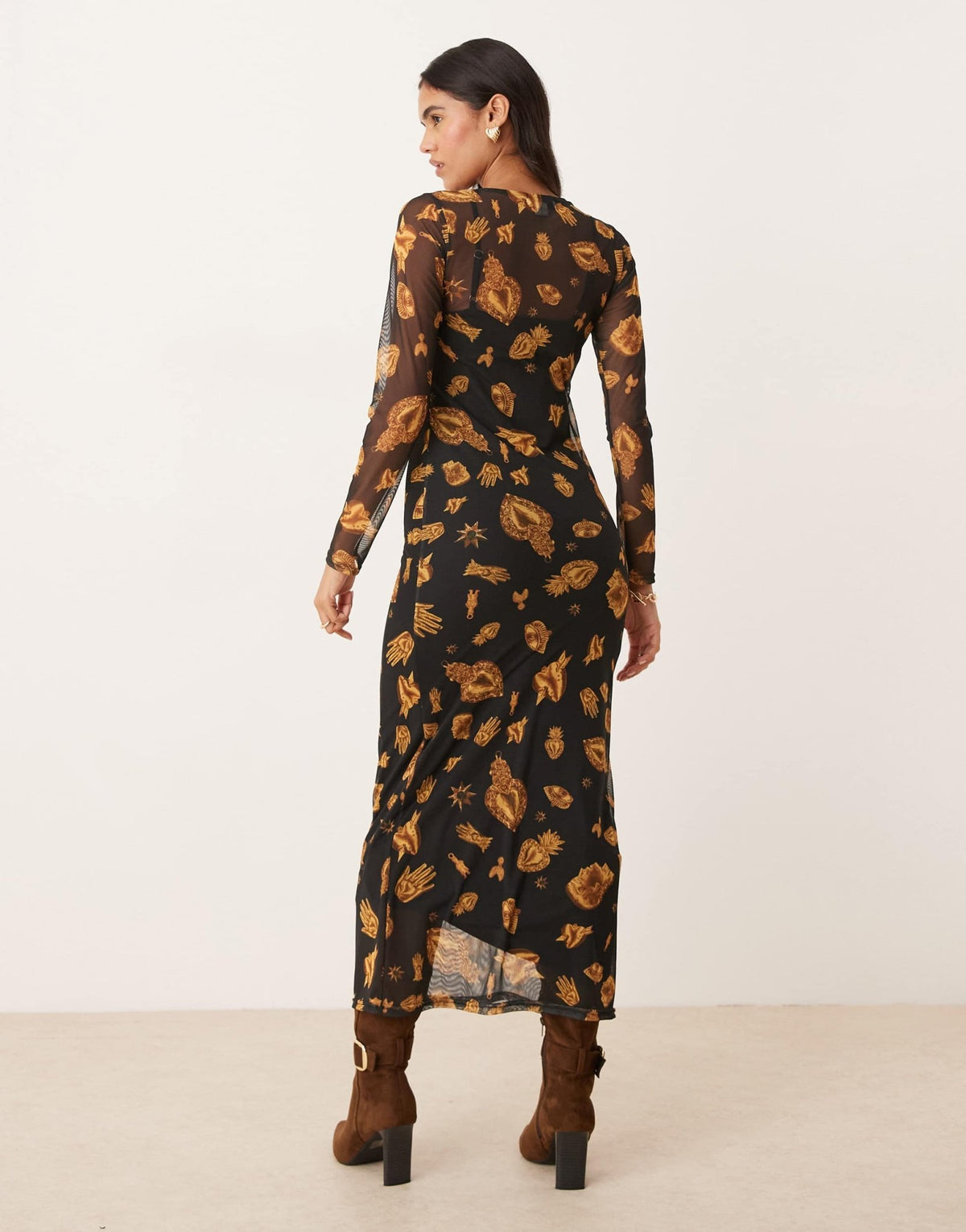 Never Fully Dressed long sleeve mesh maxi dress in black and gold - ASOS Sample Sale