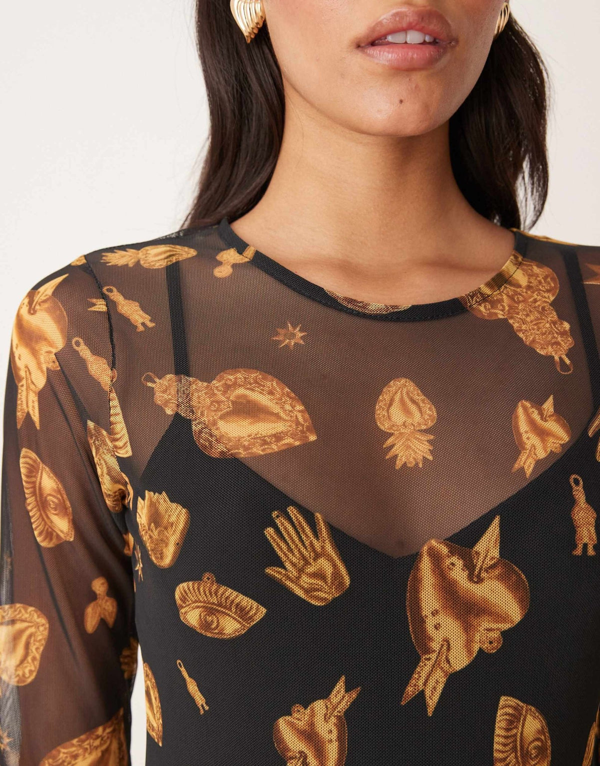 Never Fully Dressed long sleeve mesh maxi dress in black and gold - ASOS Sample Sale