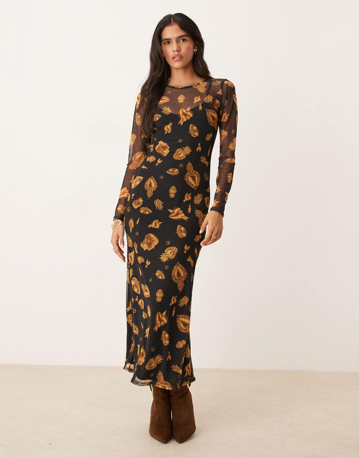 Never Fully Dressed long sleeve mesh maxi dress in black and gold - ASOS Sample Sale