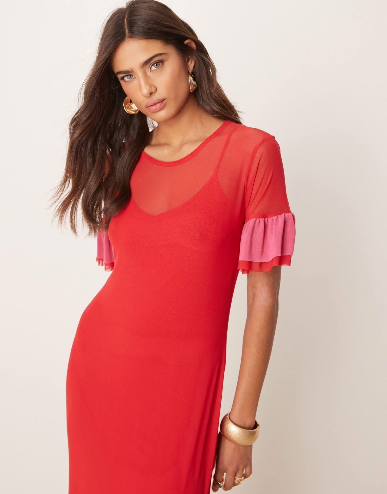 Never Fully Dressed mesh ruffle maxi dress in red and pink - ASOS Sample Sale