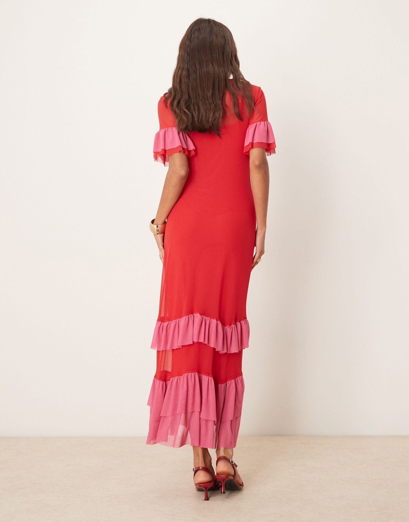 Never Fully Dressed mesh ruffle maxi dress in red and pink - ASOS Sample Sale