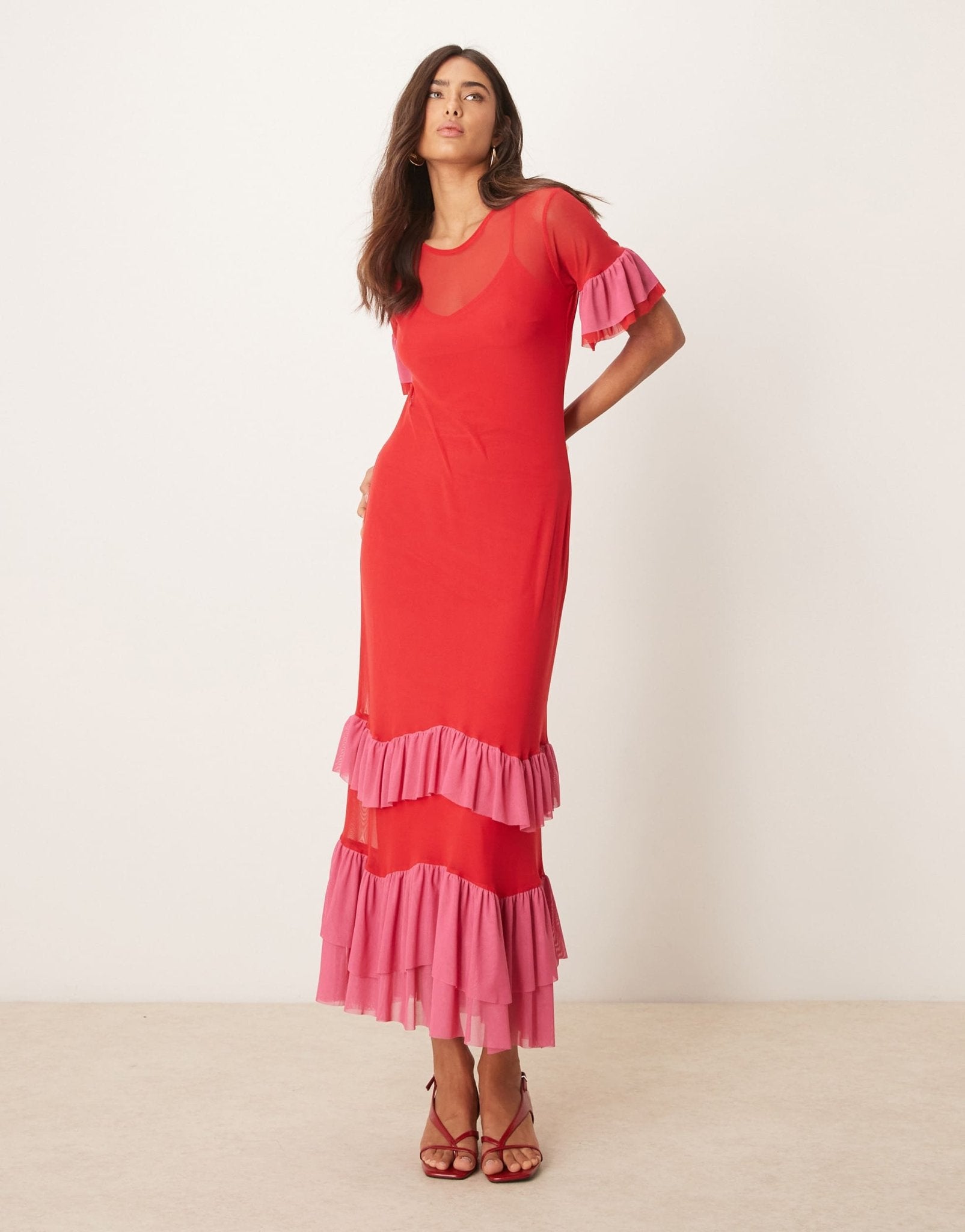 Never Fully Dressed mesh ruffle maxi dress in red and pink - ASOS Sample Sale