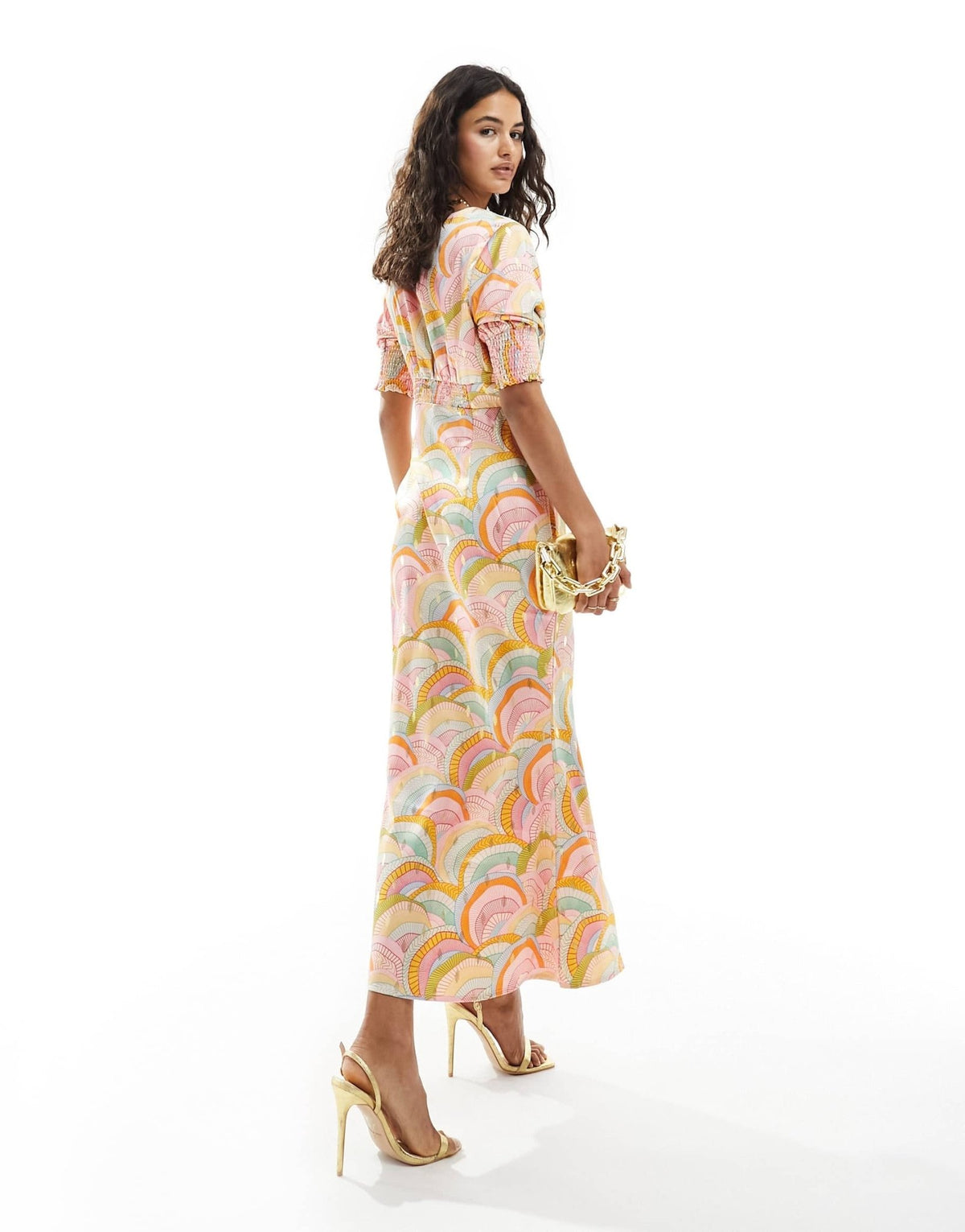 Never Fully Dressed metallic puff sleeve midaxi dress in rainbow print - ASOS Sample Sale