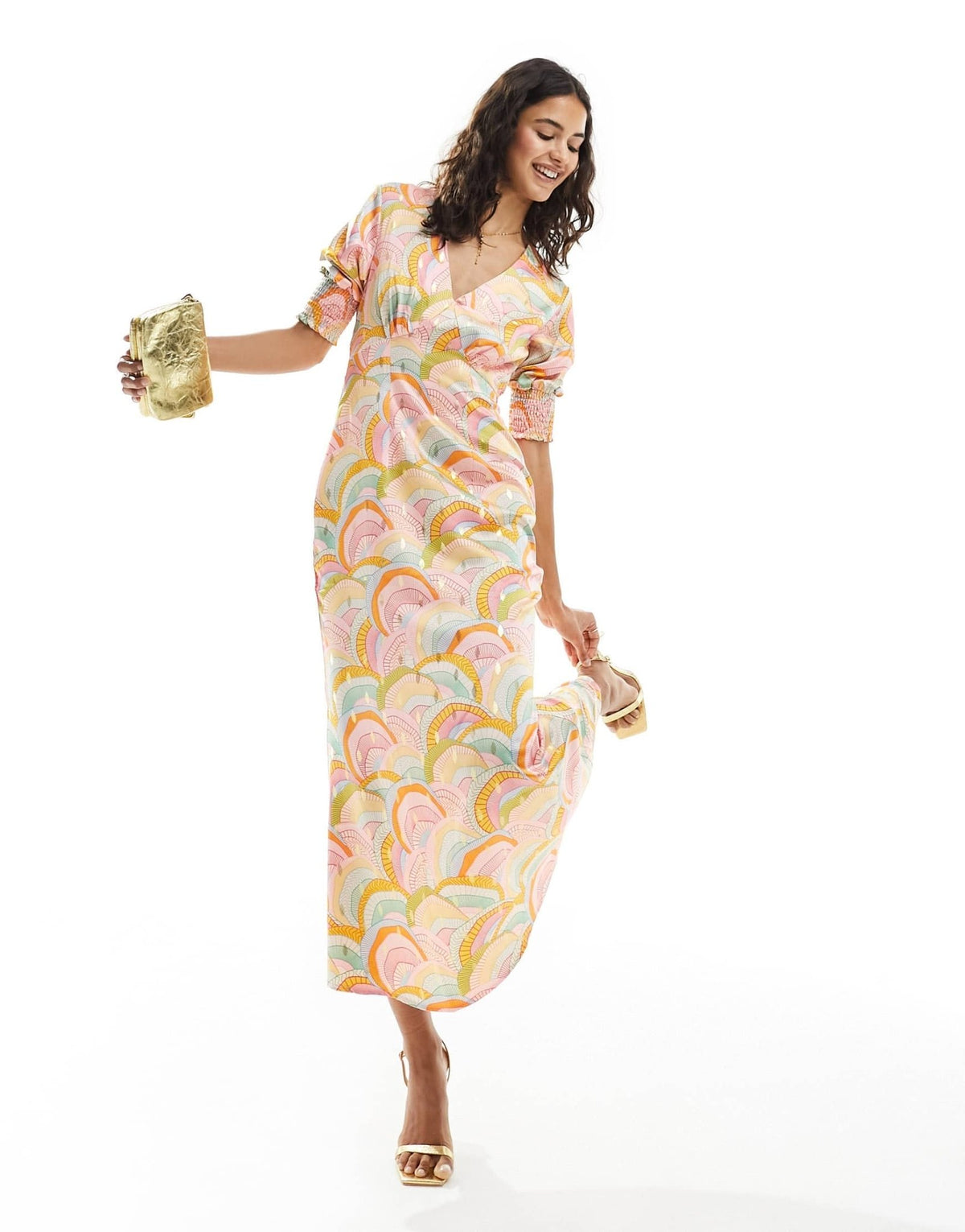 Never Fully Dressed metallic puff sleeve midaxi dress in rainbow print - ASOS Sample Sale