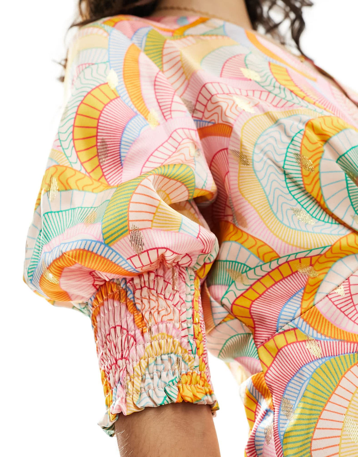 Never Fully Dressed metallic puff sleeve midaxi dress in rainbow print - ASOS Sample Sale