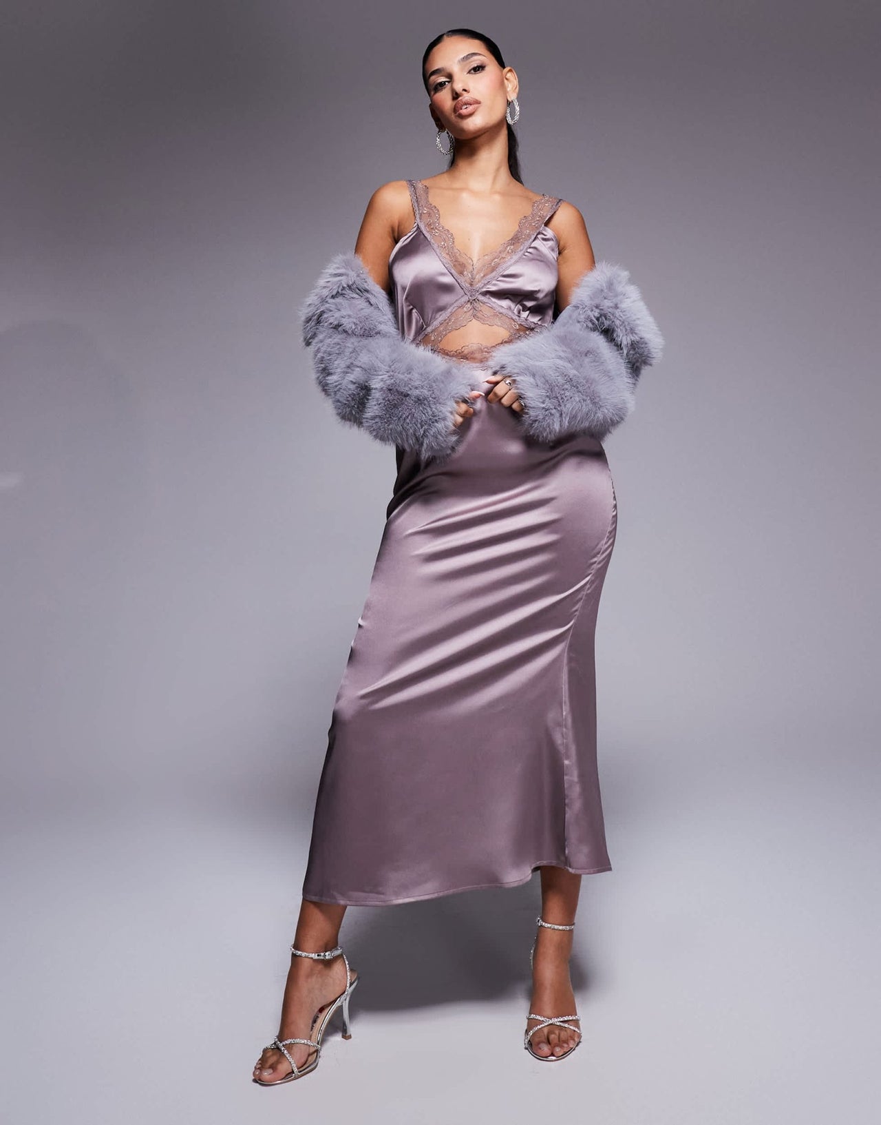 Never Fully Dressed Mimi lace cut - out slip maxi dress in mink - ASOS Sample Sale